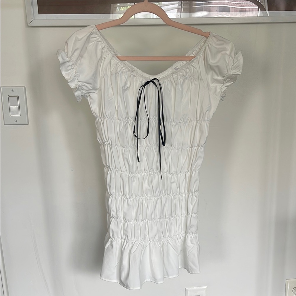 Women's White Smocked Short Sleeve Dress with Contrast Tie